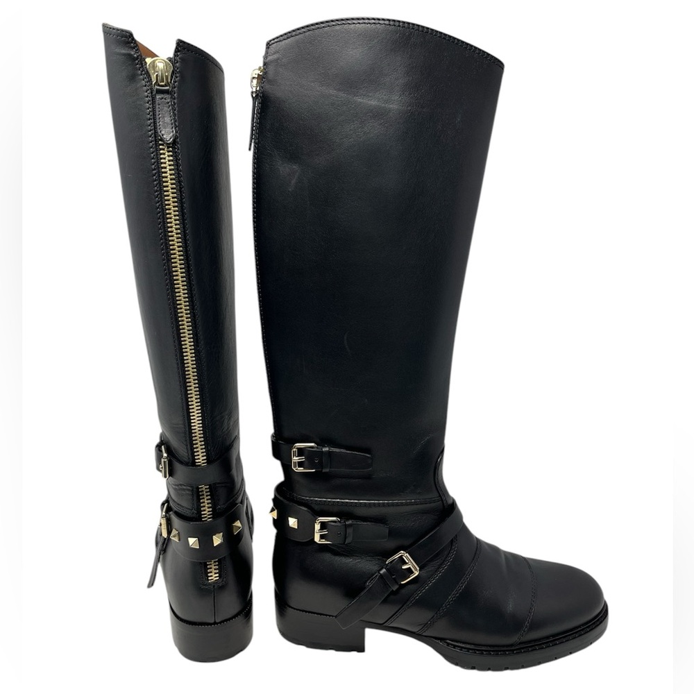 Valentino Garavani Rockstud Moto Boots Black Leather Knee High Tall 38.5 8.5